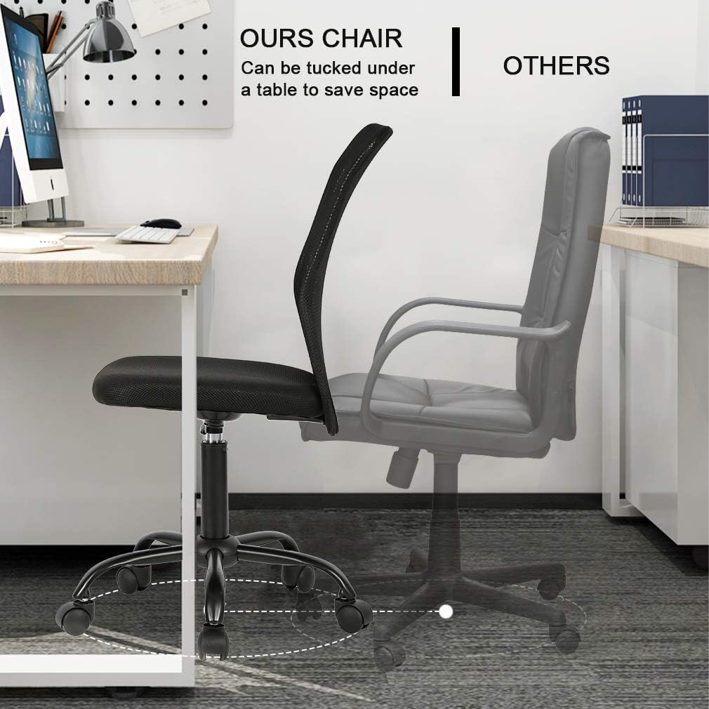 Vnewone Desk Executive Task Rolling Swivel Chair with Wheels Armless Lumbar Support Small Modern Adjustable Mid Back for Home Women, Men, Black: Furniture & Decor