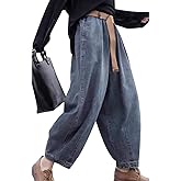 YESNO Women Casual Loose Cropped Trousers Pants Denim Bloomers Elastic Waist with Pockets PJD