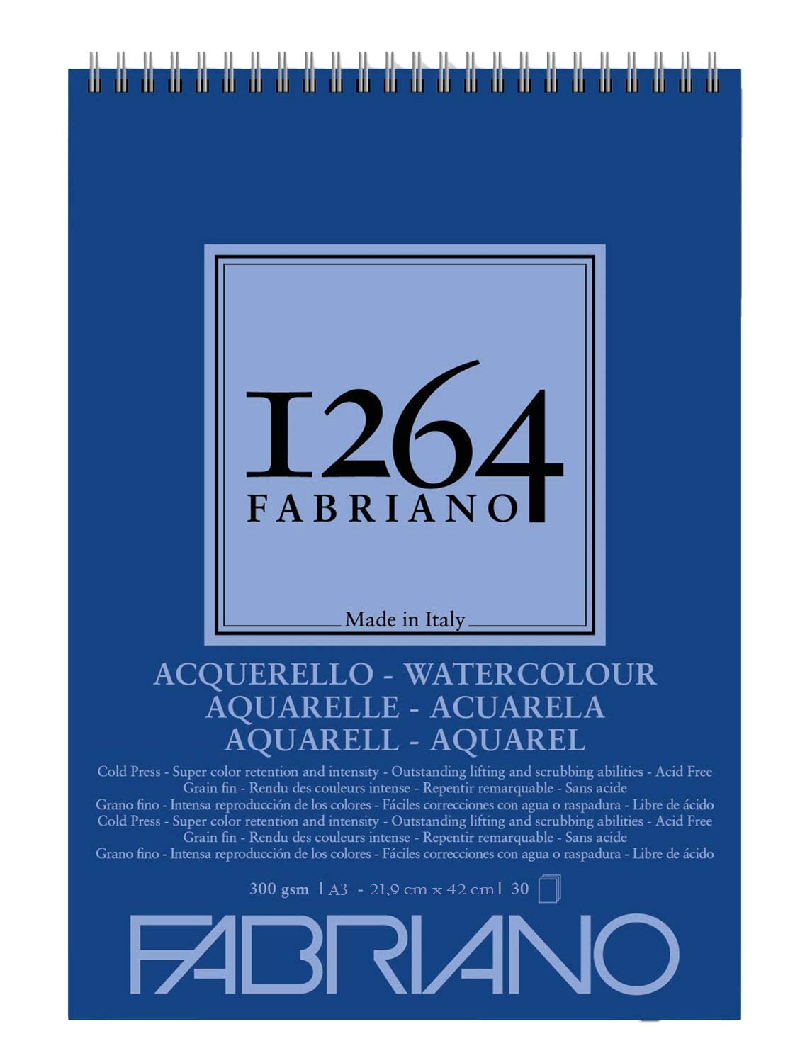 Honsell Fabriano Watercolour 19100650 Spiral Bound Sketch Pad 1264 300 g/m² DIN A3 30 Sheets Natural White Satin Paper with Medium Grain Acid for All Drying Techniques