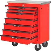 S.Walt 7 Drawer Rolling Tool Chest with Wheels, Almost Ready to Use Lockable Steel Tool Cabinet with Ball Bearing Drawers, Stainless Steel Worktop and Storage Bins