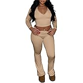 Lybiogs Womens Sexy 2 Piece Pajamas Sets Long Sleeve Crop Tops Fold Over Flare Pants Loungewear Pjs Outfits