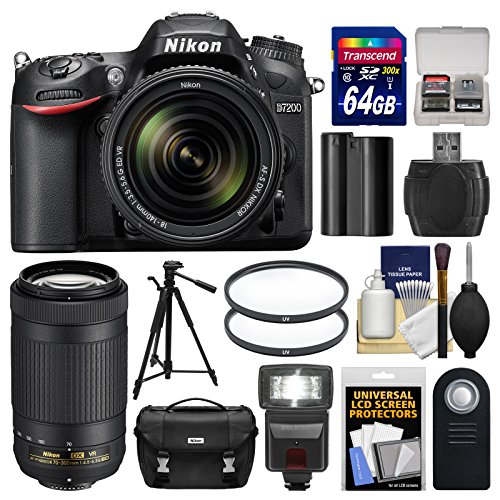 Nikon D7200 Wi-Fi Digital SLR Camera & 18-140mm VR DX with 70-300mm VR AF-P Lens + 64GB Card + Case + Flash + Battery + Tripod + Filters Kit
