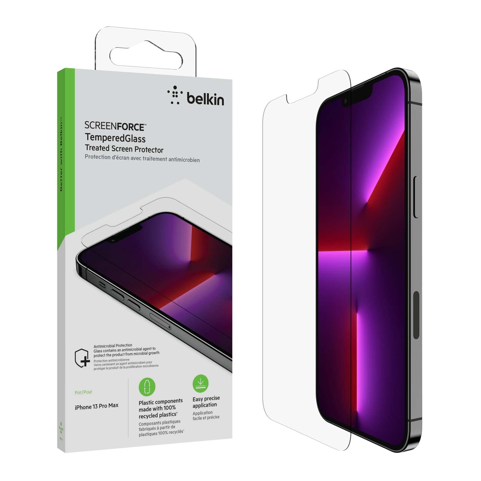 Belkin TemperedGlass iPhone 14 Plus and iPhone 13 Pro Max Screen Protector, AntiMicrobial-Treated, Easy Bubble Free Application with Included Installation Guide Tray, 9H Hardness Tested