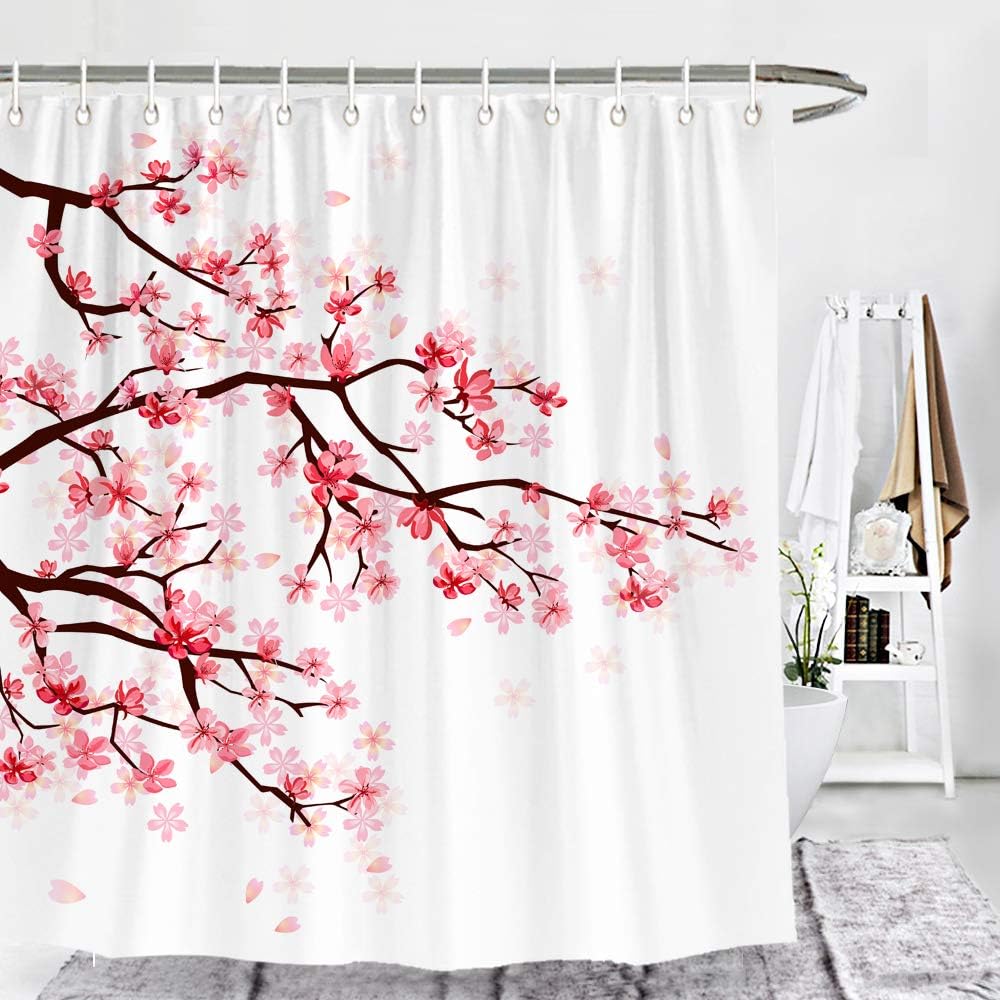 Wencal Pink Cherry Blossom Shower Curtain for Bathroom with