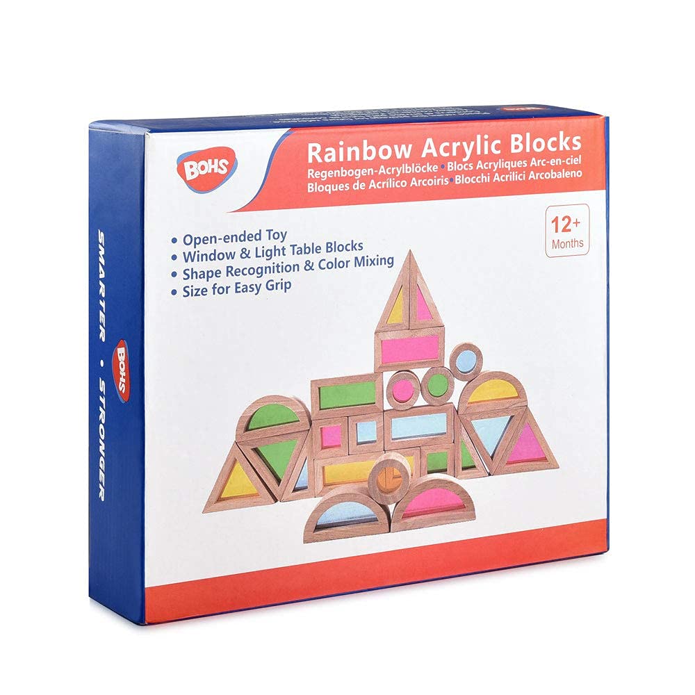 BOHS Rainbow Sensory Blocks (24 pcs) - Wooden Toys for Preschoolers - Play on Light Table/Sunny Window