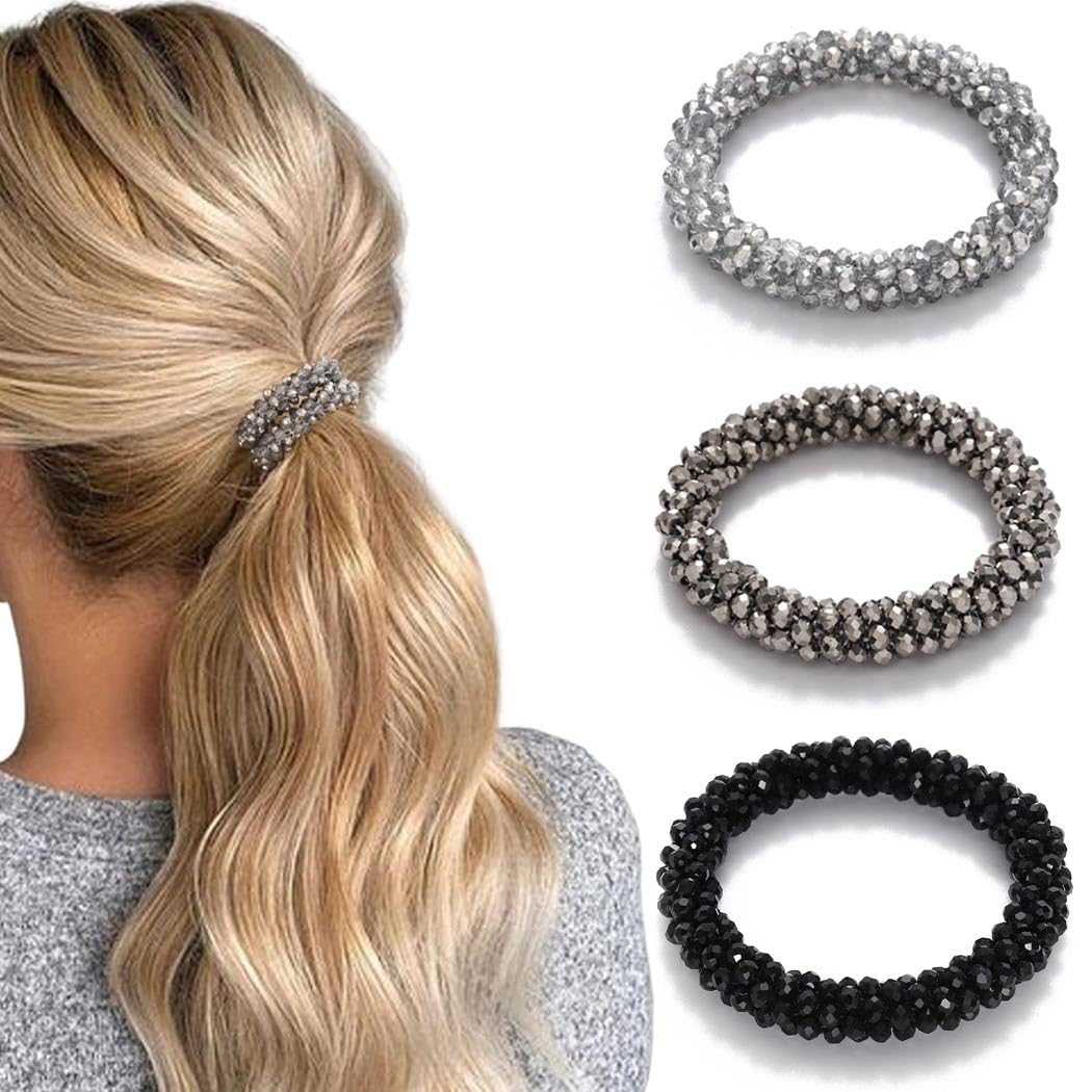 Generse Pearl Hair Ties Rhinestone Ponytail Holder Bead Set Hair Scrunchies Elastic Hair Bands Hair Accessories for Women and Girls(Pack of 3) (Striped A)