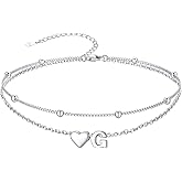 SILVERCUTE Silver Anklets for Women, Waterproof Initial Heart Ankle Bracelets Sterling Silver, Adjustable Layered Foot Jewelry Summer Beach Fashion with Personalized Name Design, Gift Package