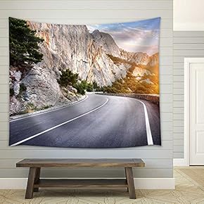 Asphalt Road in Summer Forest at Sunset. Crimean Mountains - Fabric Wall Tapestry Home Decor - 51x60 inches