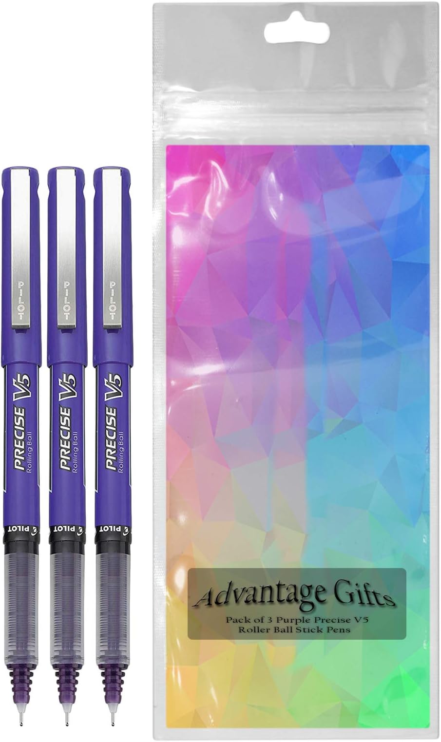 Pilot Precise V5 Stick Rolling Ball Pens, Extra Fine Point (.5mm), Purple Ink, 3-pk; Bundle with Plastic Reusable Pouch