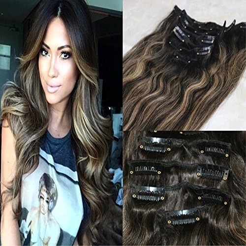 HairDancing 24" Clip In Hair Extensions Silky Straight Balayage Ombre Color #2 Darkest Brown Fading to #3 Mixed #27 Caramel Blonde Clip On Hair Extensions Human Hair 7pcs 120g