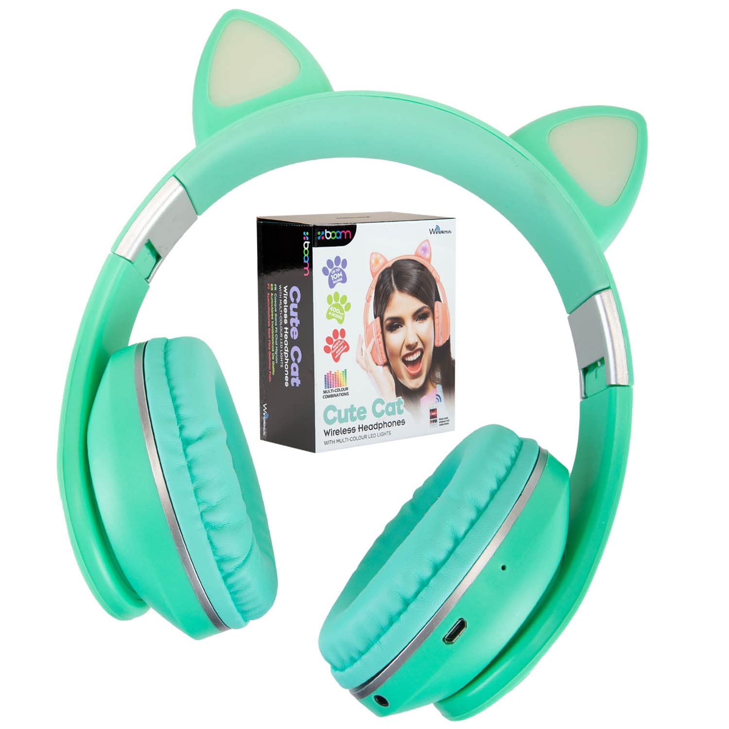 VFM - Green Cat Wireless Headphones Cute Pastel Ears, Padded & Foldable - Boom