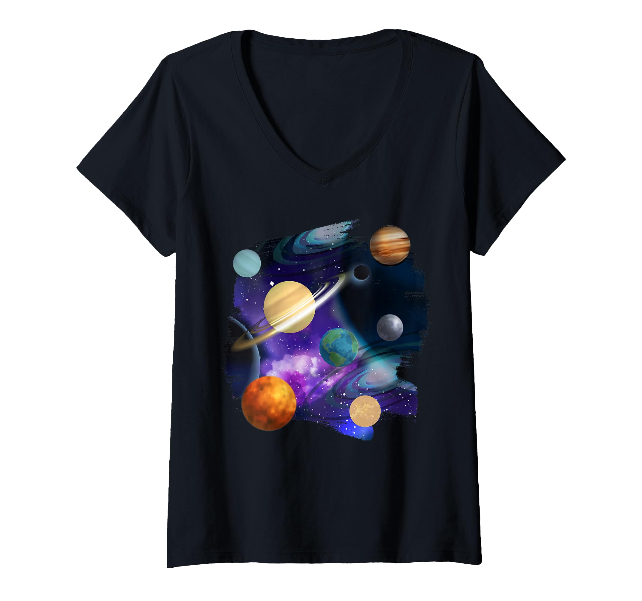 Womens Colorful Solar System I Outer Space I Planet V-Neck T-Shirt