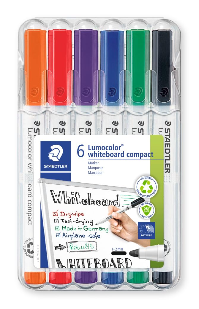 STAEDTLER Dry Wipe Whiteboard Pens - Lumocolor Compact - Bullet Tip - 1-2mm Line Width - Pack of 6, 341 WP6