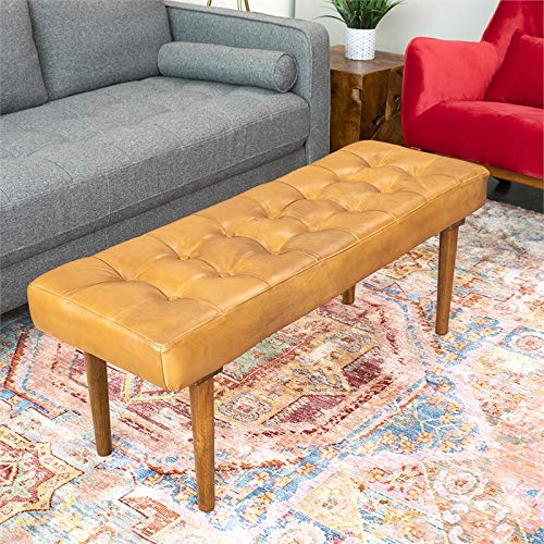 ASHCROFT MidCentury Modern Benji Cognac/Tan Genuine Leather Bench