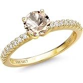 Gem Stone King 14K Yellow Gold Peach Morganite and Lab Grown Diamond Engagement Ring For Women | 0.76 Cttw | Round 6MM | Gemstone October Birthstone