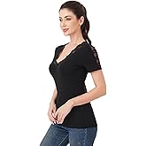 AmélieBoutik Women Lace Trim Sleeve Neckline V Neck Lightweight Short Sleeve Tops T-Shirt