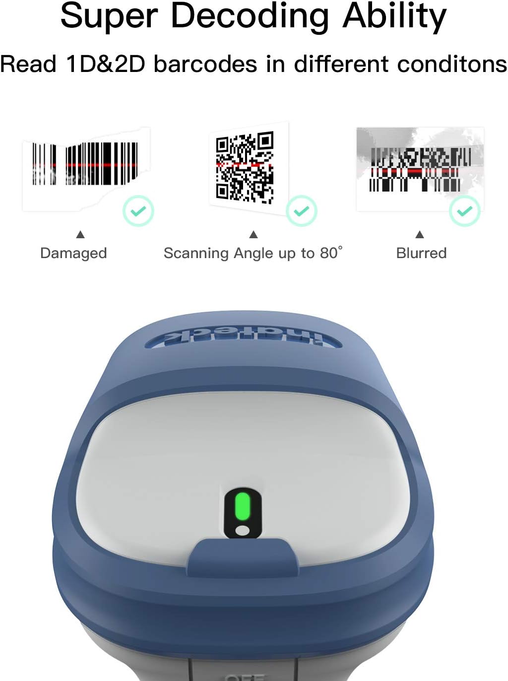 Inateck Barcode Scanner 2D Bluetooth Barcode Reader, with Wireless