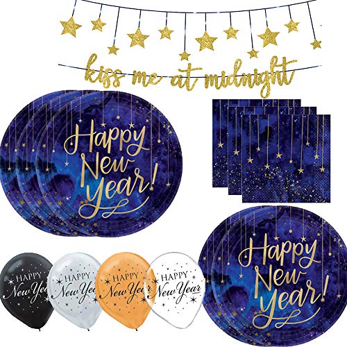 Happy New Years Blue and Metallic Gold Disposable Dinnerware Party Supplies Pack For 16 With New Year Paper Dinner Plates, Napkins, Balloons, Plus NYE Decoration Kiss Me At Midnight New Years Banner