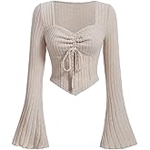 SweatyRocks Women's Long Bell Sleeve Tops Sweetheart Neck Asymmetrical Tee Shirts Going Out Top Fall Trendy
