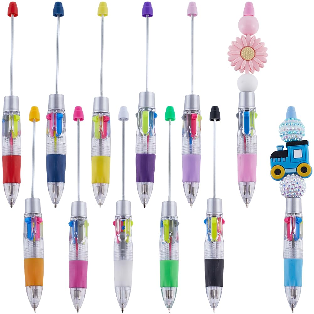 SUNNYCLUE 12Pcs Beads Pens Beadable Pen Bulk Colorful Plastic Creative Retractable Shaft Ballpoint Ink Beaded Pens for DIY Pen Beading Decorations School Office Graduation Supplies Writing Crafts Gift