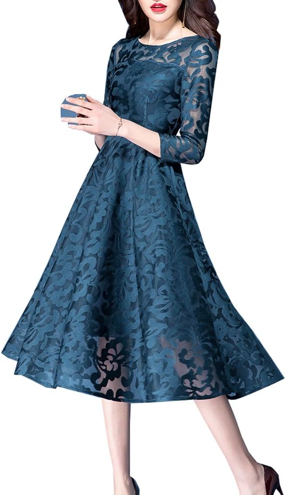 Tribear Women's Retro Elegant Cocktail 3/4 Sleeve Swing Party Dress
