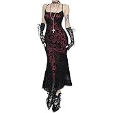 XCJIKUKE Womens Gothic Bodycon Maxi Dress Casual Floral Print Spaghetti Strap Dresses