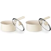 Redchef Ceramic Nonstick Saucepan with Lid, Small Cooking Pot, Non Toxic Sauce Pans for Kitchen, Cool Handle PFAS Free Compatible with All Cooktops, (White 1.5+2.5QT)