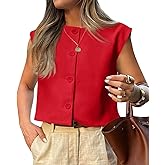 Tankaneo Womens Cropped Cap Sleeve Vest Tank Tops Summer Work Casual Crew Neck Button Down Waistcoats