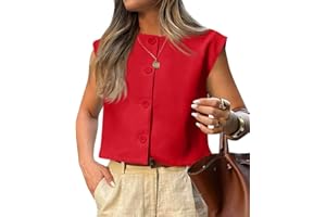 Tankaneo Womens Cropped Cap Sleeve Vest Tank Tops Summer Work Casual Crew Neck Button Down Waistcoats