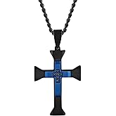 Men's Black Cross Pendant, Stainless Steel with Black & Blue Finish24" Cuban Chain