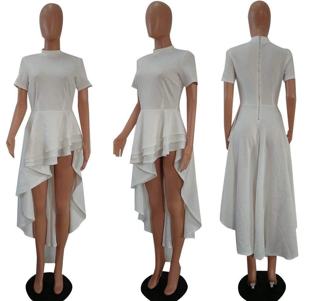 Women Ruffle High Low Asymmetrical Irregular Short Sleeve Tops Shirts Blouse Dress Blue L