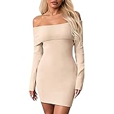Wenrine Womens Off The Shoulder Sweater Dress Casual Ribbed Knit Long Sleeve Bodycon 2025 Fall Party Mini Dresses