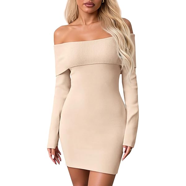 QINSEN Bodycon Knit Sweater Dress for Women Off The Shoulder Long