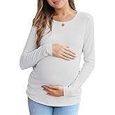 Women's Maternity Fall Tops Long Sleeve Crew Neck Ribbed Knit Slim Fitted Blouse Side Ruched Pregnancy Shirts