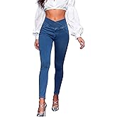 AIMILIA Crossover Jeggings for Women Tummy Control High Waist Pull On Stretchy Jeans Denim Leggings with Pockets Slimming