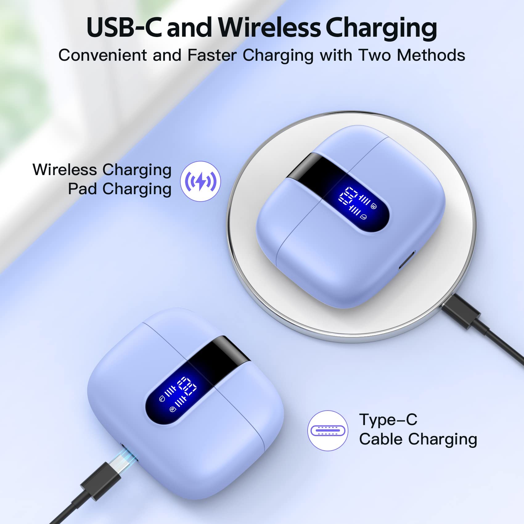 TAGRY 2 Sets X08 Purple and Sunset Pink Bluetooth Headphones True Wireless Earbuds 60H Playback Ear Buds with Wireless Charging Case in-Ear Earbuds with Mic