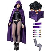 NDJLNZ 6PCS Raven Cosplay Costume Women's Halloween Raven Cosplay with Cape Belt Jumpsuit Tights Purple Uniform Suit