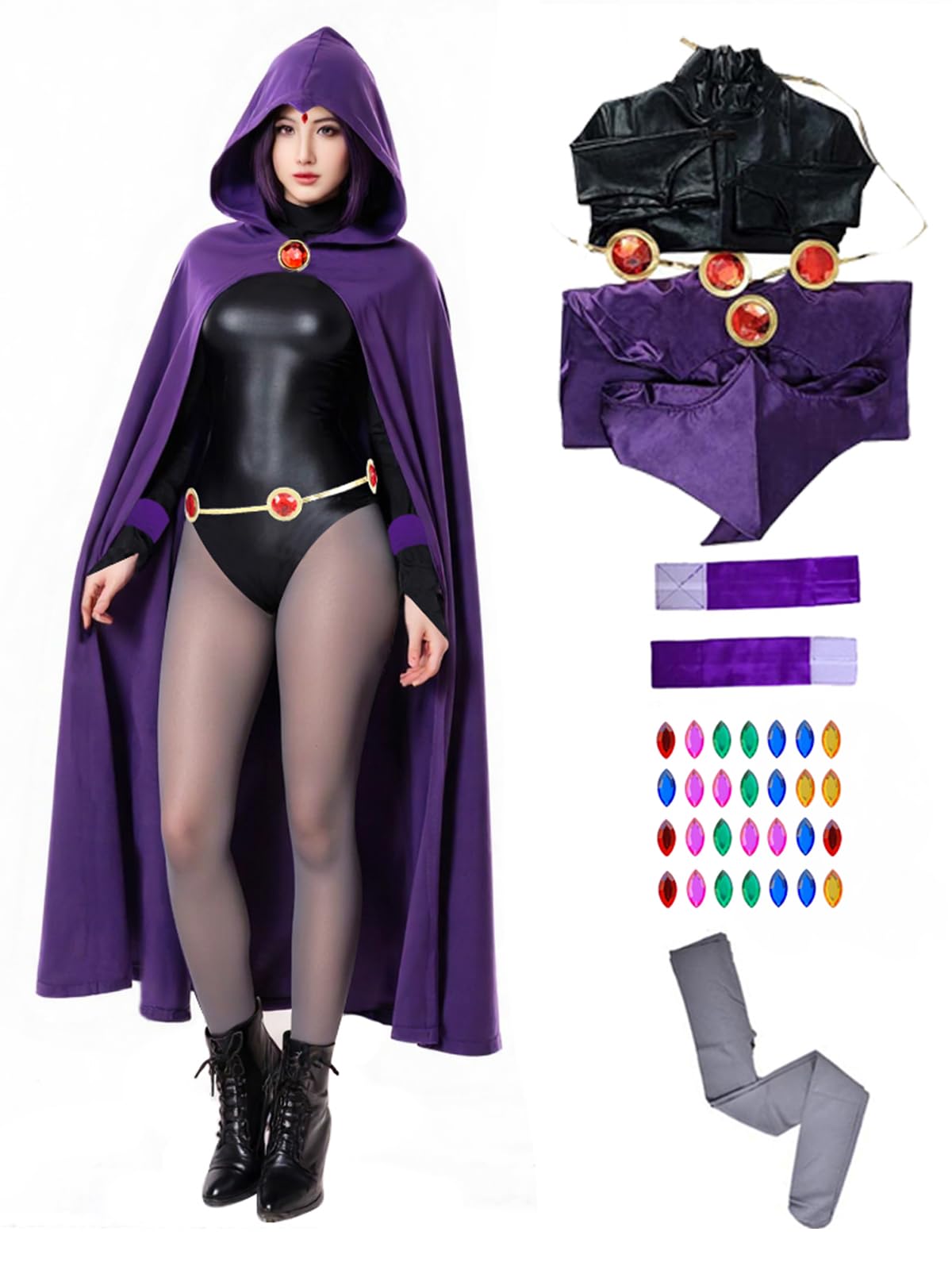 Photo 1 of NDJLNZ 6PCS Raven Cosplay Costume Women's Halloween Raven Cosplay with Cape Belt Jumpsuit Tights Purple Uniform Suit (XXL)