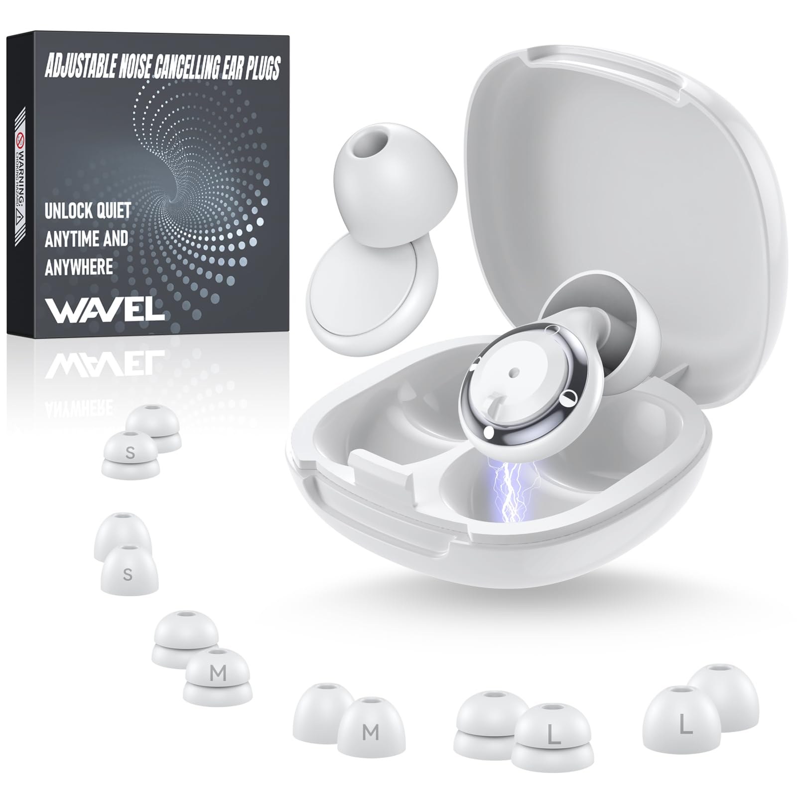 Photo 1 of WAVEL Adjustable Ear Plugs for Sleeping Noise Cancelling - 3 Modes Noise Reduction EarPlugs (17-35dB) for Snoring, Travel & Concerts | 7 Pairs Silicone Tips (XS/S/M/L) | Magnetic Carry Case | White