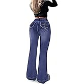 SEASUM Butt Lifting Bootcut Jeans Tummy Control Trendy Flare Leg Jeans for Women Casual Flap Pockets Denim Pants