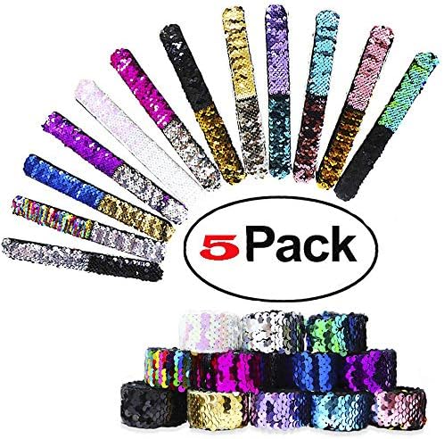 KNOWTEQ Slap Bracelet 2 Color Decorative Charm Reversible Squin Mermaid Bracelet Flip Wristband for Party Favors Kids Gifts – 5 Pack Magic Wristband for Girls, Boys and Kids