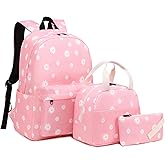 Mimfutu Flowers School Backpack for Teen Girls, 3-in-1 Kids Backpack Bookbag Set School Bags with Lunch Box Pencil Case (Pink)