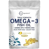 Triple Strength Omega 3 Fish Oil Supplements 3000mg, 200 Softgels - Lemon Flavored - Burpless (Enteric-Coated) | EPA 1200mg +