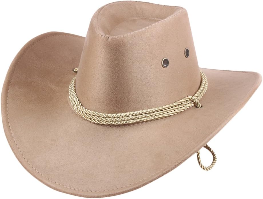 UwantC Mens Faux Felt Western Cowboy Hat Fedora Outdoor Wide Brim Hat with Strap