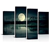 Canvbay 4 Pieces Full Moon Phase Canvas Wall Art Moon over Lake in Dark Forest Picture Prints Night Sky Landscape Painting for Modern Bedroom Apartment Home Decor