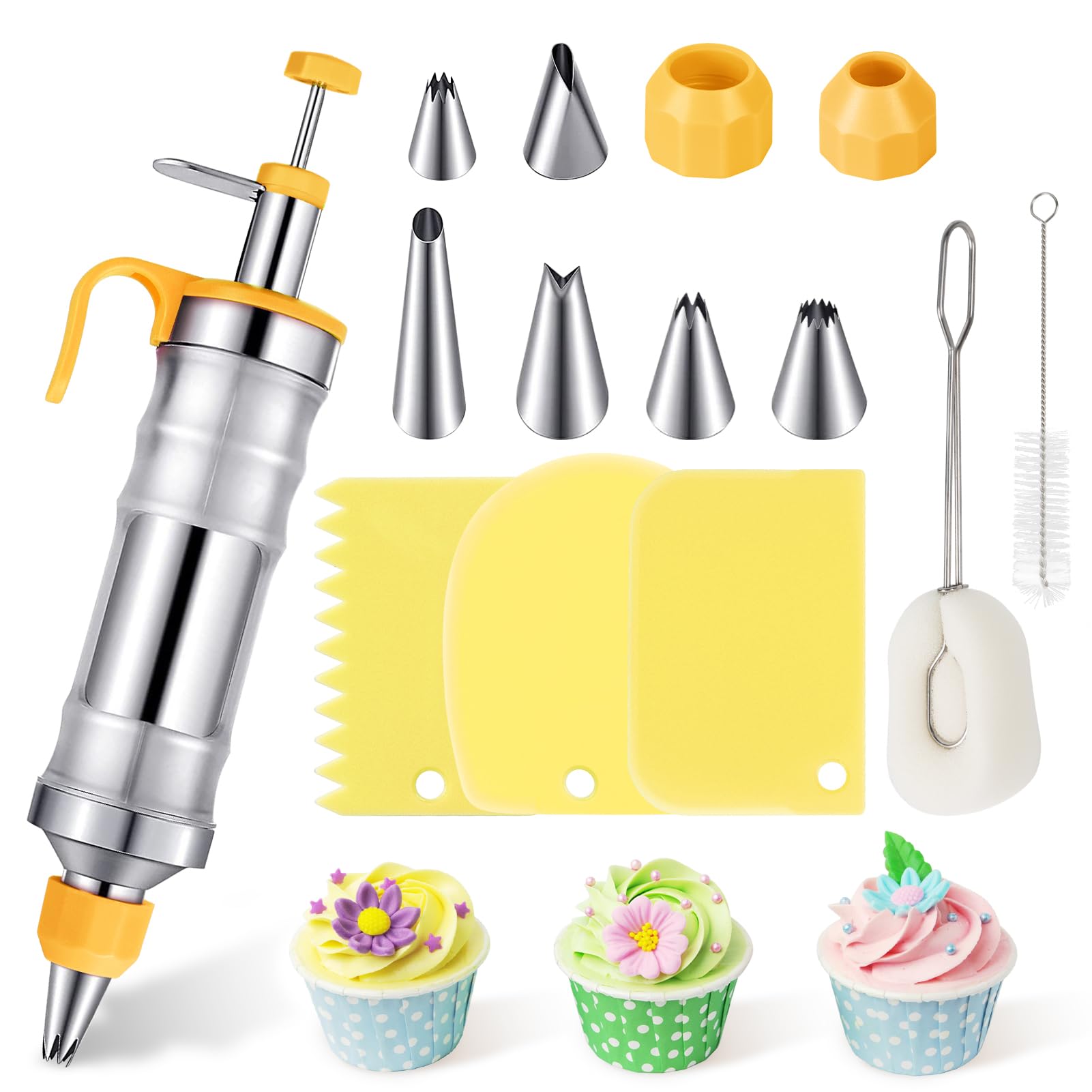 Icing Piping Kit, Cake Icing Piping Gun 14Oz Stainless Steel Piping Tube Icing Syringe Set, Pastry Cupcake Decorating Tool with 6 Piping Nozzles 3 Cake Scrapers, Substitute for Piping Bags and Nozzles