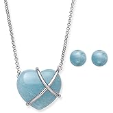 Belacqua Natural Blue Aquamarine, Pink Rose Quartz or Green Jade Heart Pendant Necklace or Jewelry Set in Sterling Silver, Rolo Chain: 17.5"+2" Extender, 8 mm Stud Earrings, Gift Box Included