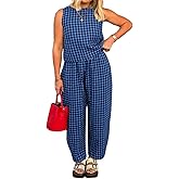 Xfileen Women's Summer 2 Piece Outfits Plaid Crop Tank Top High Waisted Baggy Ankle Barrel Pants Gingham Lounge Set
