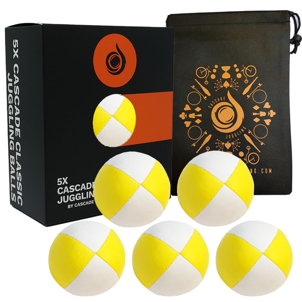 Cascade Juggling 5 x Pro 115g Thud Juggling Balls & Bag - Set of 5 Juggling Balls - Yellow and White