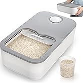 ELFULLY Rice Storage Container, 11 Lbs Plastic Airtight Rice Dispenser with Measuring Cup, Dry Food Storage Bucket Box with Lid, Flour Bin Pet Food Container, Kitchen Organizer for Grain Cereal, White